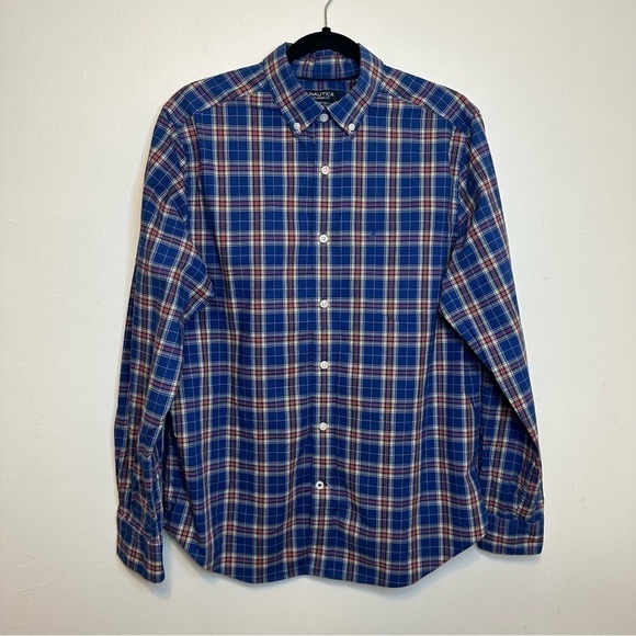 Nautica Classic Fit Blue Plaid Check Dress Button Down Shirt Sz M Medium - Picture 1 of 8